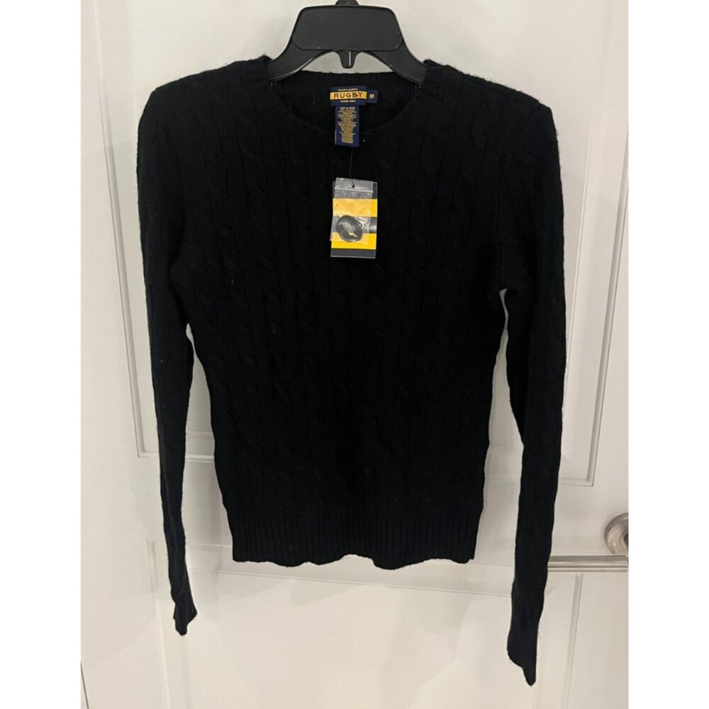 NWT‎ Vintage Ralph Lauren Rugby Black Cable Knit Sweater Wool Cashmere M Preppy